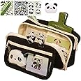 Panda Pencil Case, 10Pcs Cute Panda Pencil Case Large Capacity, Adults Aesthetic Pencil Case, Kawaii Pencil Pouch Cute With Zipper Preppy Pen Bag With Gel Ink Pens, Clips, Stickers, Pin (Black)