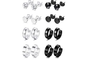 YADOCA 8 Paires Acier inoxydable Créoles Boucles D'oreilles pour Hommes Femmes Huggie Boucles D'oreilles CZ Rondes Noir Argent Clou D'oreilles Ensemble Oreille Piercing Bijoux