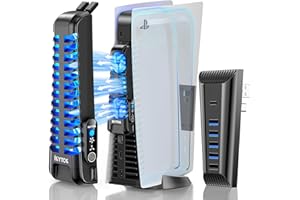 KYTOK PS5 Lüfter und PS5 USB Hub mit 6 USB Anschlüsse, PS5 Kühler mit PS5 USB Erweiterung, PS5 Lüfter Kühler mit 3 Stufig PS5 Kühlung für PS5 Digital & Disk und PS5 Zubehör