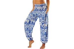 Nuofengkudu Femme Harem Pantalon Yoga Sarouel Legers Hippie Baggy Léger Ethnique Calqué Smockée Taille Haute avec Poches Été Plage