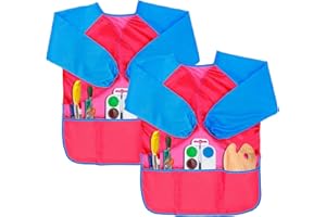 Gwolf Grembiule Pittura Bambini, 2 Pezzi Grembiule per Pittura Bambini 8-10 Anni, con Maniche e 3 Tasche, Tessuto per Pittura Scuola d'Arte, Cucina, Rosa