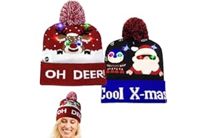 LYINUR 2 Pcs LED Light Up Christmas Hat, Xmas Santa Hat with Light, Unisex Knitted Funny Novelty Hats for Adult Christmas Party