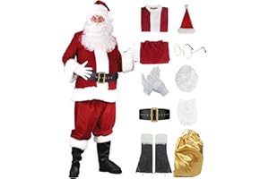 Miulruma Weihnachtsmann Kostüm Santa Claus Nikolauskostüm Weihnachten Samt Anzug mit Nikolausmütze Perücke Bart Gürtel und Handschuhe Deluxe Set Faschingskostüme für Herren Männer Damen A038