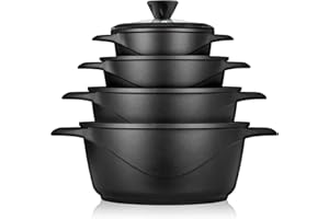 briebe Set Pentole Induzione Batteria 8 Pezzi, 4 Casseruola, Alluminio Pressofuso, Antiaderente ILAG GRANITEC senza PFOA, Coperchi in Vetro, Guanti in Silicone, Vetroceramica, Gas, Forno, MGK-12S