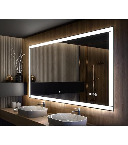 LM600-Pro Chauffage miroir infrarouge 600 W avec lumière LED et écran tactile Contrôle par application Sundirect pour iOS et Android 110 x 65 cm