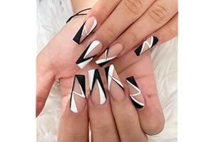 JUSTOTRY 24 Pcs Butterfly Fake Nails Medium,Black and White French Press on Nails Patterns, Matte Ballerina Stick on Nails for Women, Acrylic Coffin False Nails Long with Glue for Nail Art