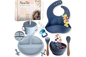 FlexiTot | set pappa svezzamento | piatto svezzamento con ventosa per bambini | bicchiere bambino con cannuccia | ciotola per bambini | posate per bambini | +6 mesi (blu)