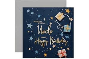 OLD ENGLISH COMPANY Old English Co. Uncle Birthday Card for Him - Navy Blue Male Birthday Card for Family - Stars Wrapped Gifts Presents Card Design - Modern Birthday Card | Blank Inside