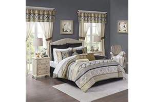Madison Park Essentials 24-Piece Room In A Bag Comforter Set-Satin Jacquard All Season Luxury Bedding, Sheets, Decorative Pillows and Curtains, Valance, King(104"x92"), Windsor, Black/Gold