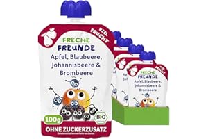 ‎FRECHE FREUNDE FRECHE FREUNDE Bio Quetschie Apfel, Blaubeere, Johannisbeere & Brombeere, Fruchtmus mit Obst im Quetschbeutel für Babys ab dem 6. Monat, vegan, 6er Pack (6 x 100g)
