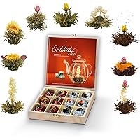 Creano Teeblumen Geschenkset in Teekiste aus Holz 12 Erblühtee in 9 Sorten Weißtee & Schwarztee, Geschenk zum Muttertag