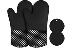 Philorn Oven Gloves Waterproof Heat Resistant Silicone Glove Non-slip Oven Mitts with Pinch Grips and Silicon Brush Long Cotton Cuffs BBQ Baking Smoking Glove Potholders (Black Dots)