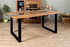 BETT11 SAM B-Ware Esstisch 175 x 90 cm Bonnie, Baumkantentisch mit Glaseinsatz, Akazienholz massiv & stonefarben, schwarzes U-Gestell aus Eisen, Esszimmertisch mit echter Baumkante, Industrial-Design