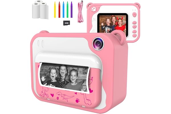 Ushining Appareil Photo numérique pour Enfants 1080P HD Caméra vidéo avec écran IPS 2,4 Pouces, Appareil Photo instantané avec Carte Micro SD 32 Go et 3 Rouleaux de Papier d'impression, Cadeau pour