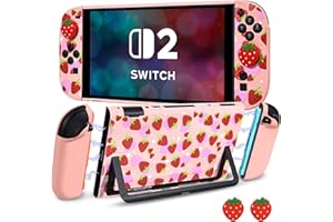DLseego Coque de Protection pour Switch 2,Fraise Mignonne Dockable Dur Anti-Rayures Antichoc Design Housse de Protection avec 2 Cover pour Poignée Souple et 2PCS Capuchon de Joystick,Fraise Rouge