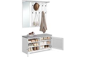 VASAGLE Schuhbank Wandgarderobe Set, Garderobe mit Spiegel, 10 Doppelhaken, Schuhschrank mit verstellbaren Ablagen, Doppeltüren, Sitzbank, Sitzpolster abnehmbar, 101 cm breit, wolkenweiß LSC011W01