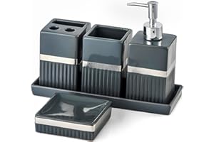 Ceramic Haven Elegance Collection | Set of 5 Luxury Bathroom Accessories | Soap Dispenser, Toothbrush Holder, Multipurpose Holder, Tumbler, Vanity Tray | Stylish Décor & Organiser (Grey Elegance)