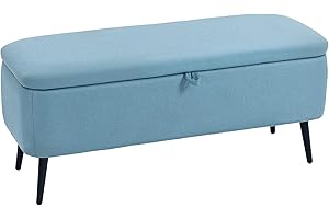 HOMCOM Puff Almacenaje Banco Almacenaje 61L Tapizado en Lino Sintético con Tapa Abatible y Patas de Acero para Dormitorio Salón Entrada Carga 150 kg 101x38,5x44,5 cm Azul Claro