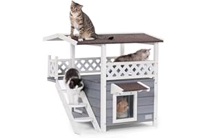 Petsfit Niche Chat Extérieur en Bois Maison pour Chat avec Toit en Asphalte Maison Exterieur Chat Résistante à l'hiver avec Terrasse & Escalier, Gris