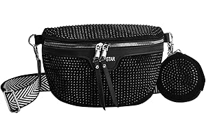 Hoxfly Bumbags for Ladies, Women's Rhinestone PU Belt Bag, Leather Fashion Shoulder Bag and Belt Bag for Women, Shoulder Crossbody Chest Bag with Coin Purse Pendant, Waist Bag for Women (Black)
