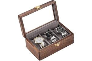 muso wood Drewniane pudełko na zegarki z luksusowego litego drewna orzecha północnoamerykańskiego ze szklanym okienkiem, metalowe zamknięcie na 3 zegarki, pudełko na zegarki, przechowywanie zegarków