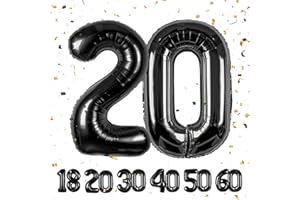 PARTYHAUSY Ballons Anniversaire 20 Noir - 100cm - Ballon Chiffre 20 Numéro 20 - Happy Birthday Decoration Ballons Fête d'anniversaire Ans Vole Grâce à l'Hèlium 20