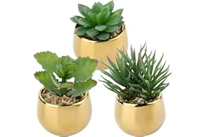 Briful 3 PCS Artificial Plants Fake Succulent Plants Artificial Succulents in Geometric Gold Ceramic Pots, Fake Succulent Indoor Plants for Home Office Bathroom Shelf Decor