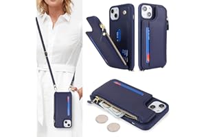 SailorTech Handyhülle für iPhone 15 Etui mit Kartenfach, iPhone 15 Hülle mit Verstellbarer Halskette, iPhone 15 Handytasche mit Reißverschluss Geldbörse - Blau