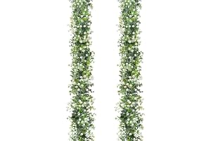 SOMYTING Lot de 2 guirlandes artificielles d'eucalyptus avec Fleurs Blanches Plante Artificielle Suspendue pour Fond de Mariage Décoration Murale Vigne Feuilles pour l'intérieur et l'extérieur
