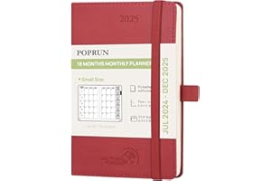 POPRUN Month to View Diary 2025 A6 (16x10.5cm) Pocket (18-Month: Jul'24 - Dec'25) Monthly Planner Softcover Small 24/25 Diary, Sunday Start (Burgundy)