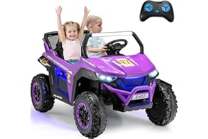 GYMAX Kids Electric UTV, 2-Seater 12V Battery Powered Toy Car with Remote Control, Lights, Bluetooth, MP3, USB, FM, High/Low Speed & Suspension Spring, Children Ride on Car for 3-8 Years Old (Purple)
