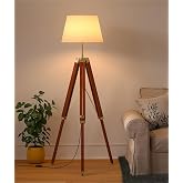 Roswej Lume Tripod Floor Lamp Standing Wood Brown Polished Brass Antique Gold Adjustable 5ft Height 16 inches Off White Drum 