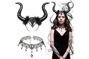 JOYUE 2 sztuki królowej, rogi, diabeł, ozdoba głowy i gotycki naszyjnik, koronka, Halloween, paskudna opaska na włosy, czarna ozdoba głowy, róg, kostium Maleficent, kostium damski na karnawał,