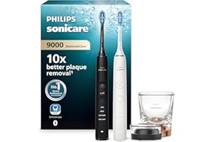 ‎PHILIPS Philips Sonicare DiamondClean 9000 elektrische Zahnbürste, Schallzahnbürste mit App, Andruckkontrolle, 4 Putzmodi, 3 Intensitätsstufen, Ladeglas, Schwarz und Roségold, Zweierpack, Modell HX9914/57