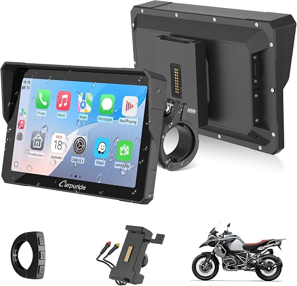 CARPURIDE W702S Pro Motocicleta CarPlay Pantalla con BM05 Soporte para Conectar y Usar, Inalámbrico CarPlay y Android Auto, 7" Impermeable Táctilpantalla, Dual Bluetooth, Control con Cable, Brújula. - 1
