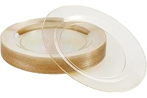 MATANA 25 Eleganckich Przezroczystych Talerzy Obiadowych z Złotym Brokatem, 26cm - Wytrzymałe i Wielokrotnego Użycia - Śluby, Urodziny, Baby Shower, Boże Narodzenie, Grille, Imprezy