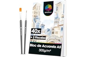 OfficeTree 40x Papel Acuarela A5 300g con 2x Pinceles - Una Cara Lisa y Áspera - 300gr - Bloc de Acuarela A5
