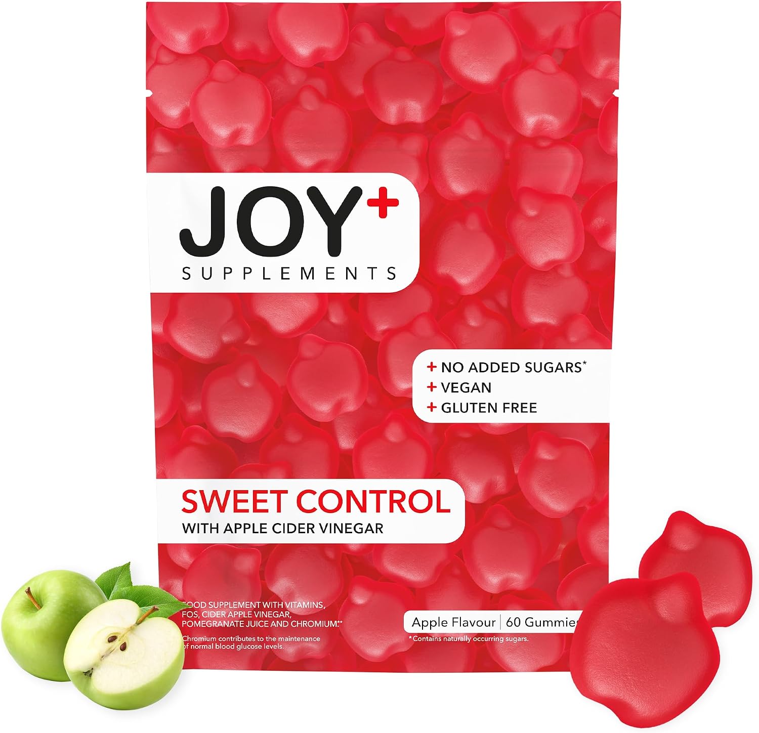 JOY+ - SWEET CONTROL - Gominolas para el Control de Glucosa con Vinagre de Manzana, Cromo, Ácido Fólico, Vitaminas B6 y B12. Sabor Manzana. 60 Gummies. Sin Azúcares añadidos
