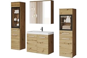 MINIO go for it - Badmöbel Set Marit 2, 4-Teilig Set, ohne LED-Belechtung, Wandspiegelschrank, Schrank mit Waschbecken, Farbe: Artisan Eiche