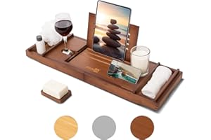 Homiu Bamboo Bath Tray - Extendable Bath Caddy - Natural Wooden Bathtub Tray with Candle, Wine Glass, Book Rest, iPad & Phone Holder Stand - Luxury Bathtub Accessories (Dark Brown)