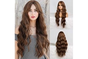 EMMOR Long Wavy Wigs with Bangs Brown Wigs for Women, Heat Resistant Beach Wave Synthetic Wigs for Daily/Party/Cosplay (26 Inch,Brown)