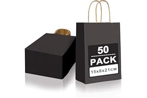 Gucass 50 Pcs Petit Sac en Papier Kraft avec Poignée, Noir Sac Cadeau 15x8x21cm, Pochette Papier Sacs Cadeaux, Sachet Kraft pour Fête Noël Mariage Anniversaire