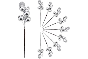 Meiwlong 10pcs Fake Silvery Berries Artificial Glitter Decorations Glitter Foam Flower Core Lifelike Plants Picks Wedding Holiday DIY Crafts Bouquet
