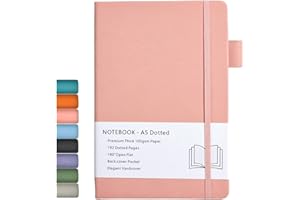 BEINUSHOR Cuaderno Dotted Journal con Tapa Dura con Papel Grueso Premium de 100gsm, Lazo Para Bolígrafo, Bolsillo Interior, Bandas Elásticas, 192 Páginas/Hojas, 14,5 x 21,3 cm (Rosa)