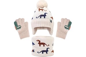 EDLMKM 3PCS Kids Beanie Hat Scarf Gloves Set, Thickening Soft Warm Kids Winter Knitted Hat Scarf Fleece Lined Neck Warmer Set With Dinosaur Pattern For Children Boys Girls Aged 3-6