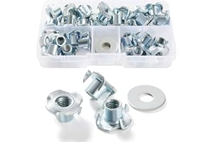 Lyeteung 30 Pièces M8 × 11mm Écrous en T à Dents, Ecrous en T 4 Griffes, T-Nuts Inserts Filetés, avec 5 Pièces Rondelles, pour Bois, Armoire, Meubles
