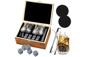 TOPSEAS Whisky Stones Set di Regalo,Bicchieri di Whisky Set,8 Cubetti di Ghiaccio Riutilizzabili + 2 Bicchieri da Whiskey + 2 Coaster + Pinza + Sacca,per Whisky Vodka Wine Beer e tutte le bevande