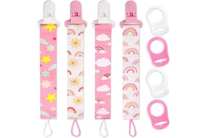 Suofuolef 4 Pack Schnullerkette Baby Mädchen, Baby Schnullerband Set mit Adaptern, Schnuller Clips für Neugeborenen Geburt & Taufe Geschenk, Rose