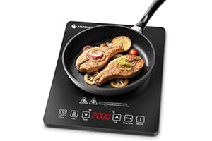 AMZCHEF Single Induction Hob, Portable Induction Hob with Slim Design of 4.45cm, 20 Power Levels and 20 Temperature Settings, Fashionable Black Glass Panel, Touch Sensor, Hour Timer, Safety Lock