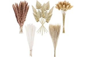 Fuyamp 110pcs Dried Pampas Grass Decor, Natural Color Bunny Tails Grass Fluffy Pampas Grass Small Stems Dried Flowers Bouquet Palm Fan Palm Spears Plant for Vase, Cake, Wedding Décor